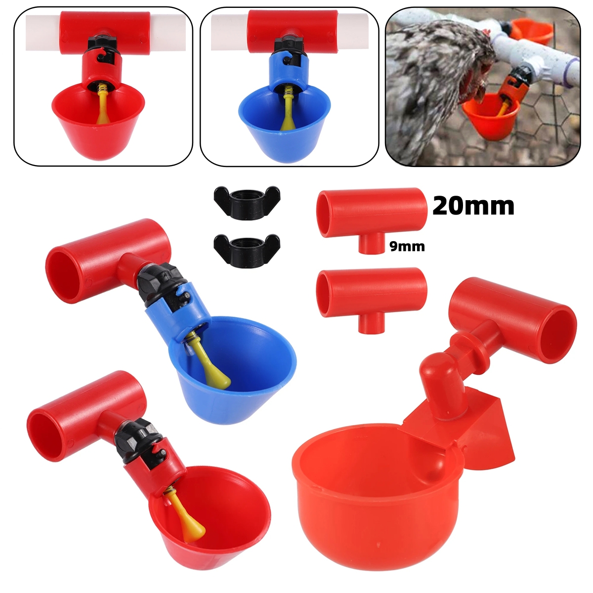 Chicken Nipple Drinker - 9 มม.อินเทอร์เฟซสัตว์ปีกอัตโนมัติดื่มถ้วยสกรูและ ID20mm สีแดง TEE ชุดไก่เป็ดนกกระทา