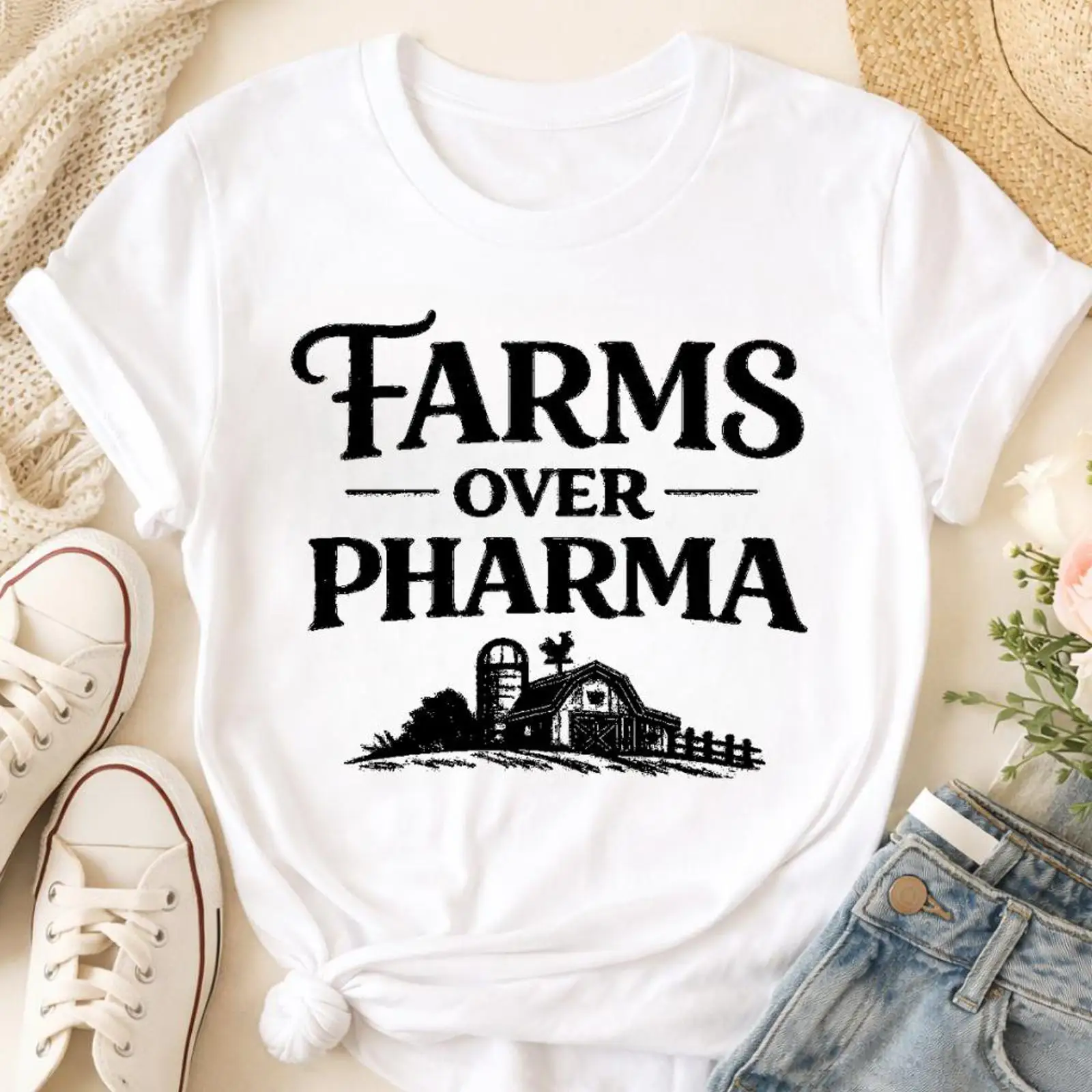 Sustainable Agriculture/Farming - เสื้อยืด Farms Over Pharma สำหรับผู้สนับสนุนเกษตรกรรมที่รักษาสิ่งแวดล้อม ยั่งยืนได้